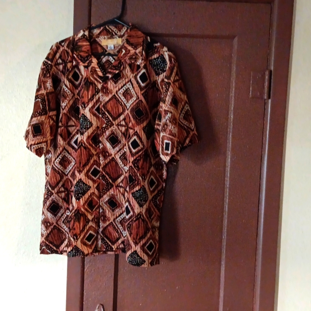 Silver Silk Brown and Black Dress Shirt with Geometric Pattern